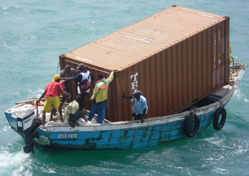 The first of ten containers to be taken ashore